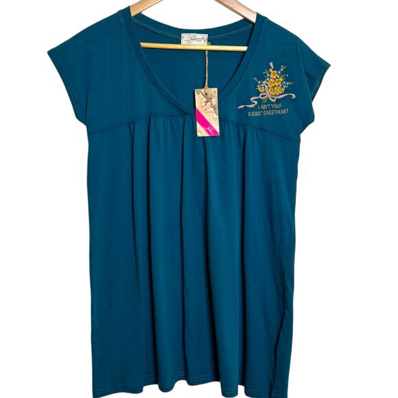 Locher's Paris Size Large Teal Embroidered I Ain't Your Effen Sweetheart Shirt - Picture 1 of 10